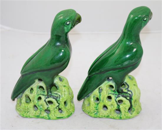 Two Chinese green glazed pottery models of parrots, late 19th/early 20th century, 20cm